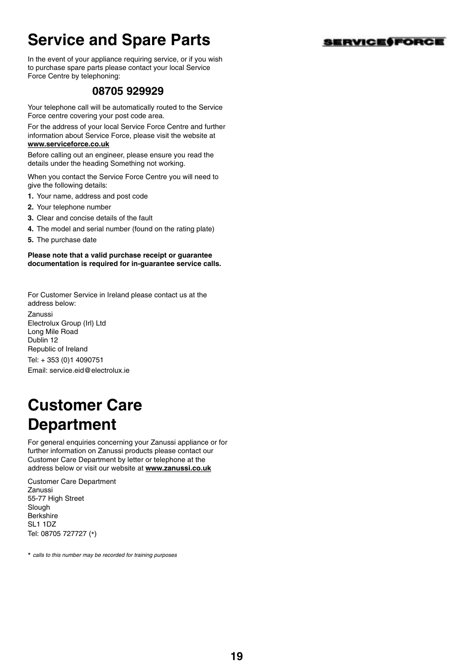 Customer care department, Service and spare parts | Zanussi ZHC 916X User Manual | Page 19 / 20