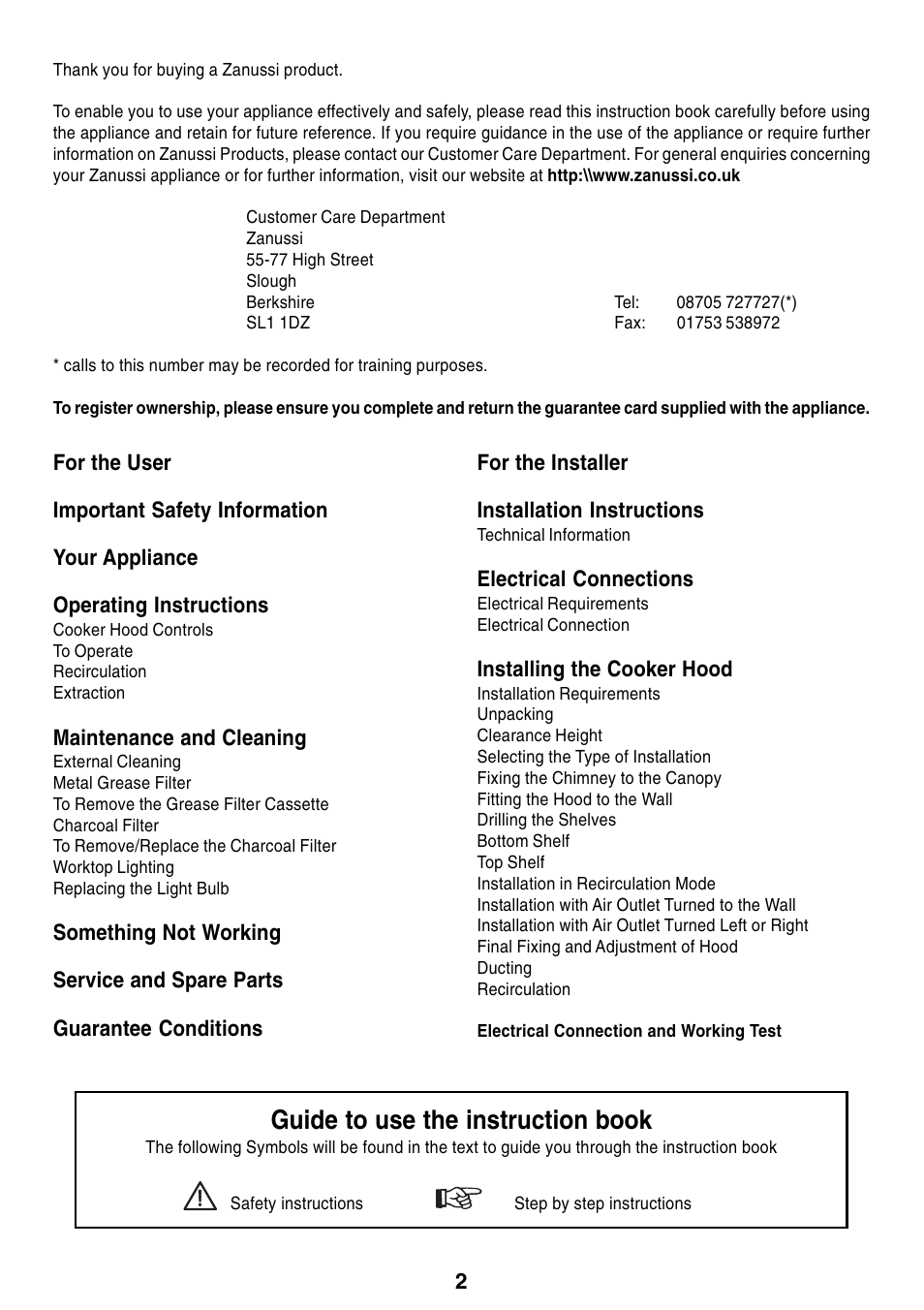 Guide to use the instruction book | Zanussi ZHC 916X User Manual | Page 2 / 20