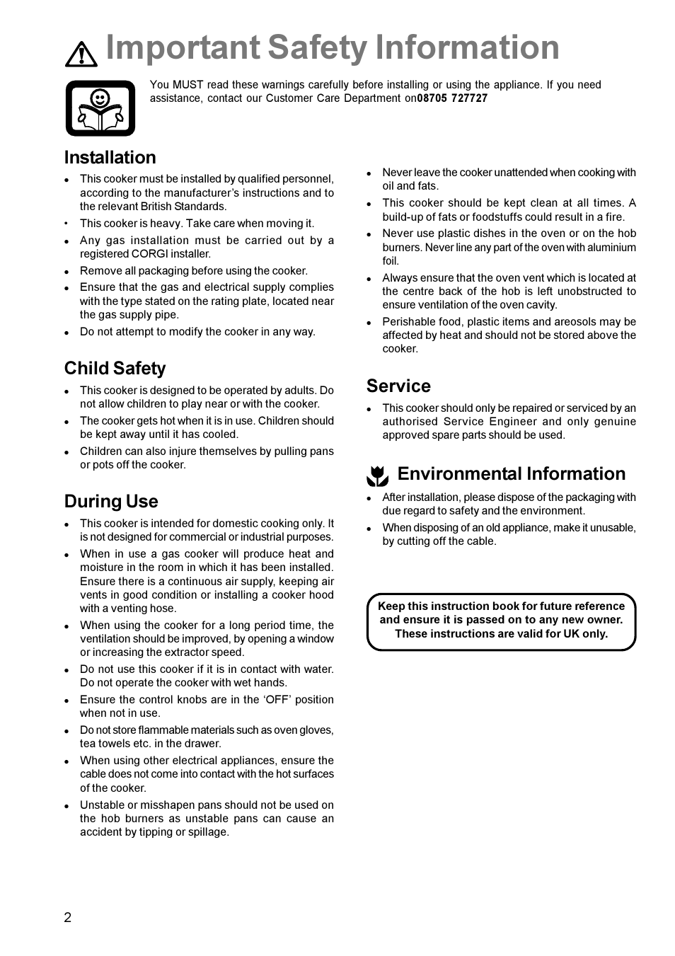 Important safety information, Installation, Child safety | During use, Service, Environmental information | Zanussi ZCM 630 User Manual | Page 2 / 28