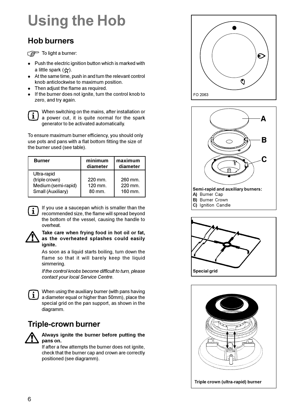 Using the hob, Hob burners, Triple-crown burner | Zanussi ZCM 630 User Manual | Page 6 / 28