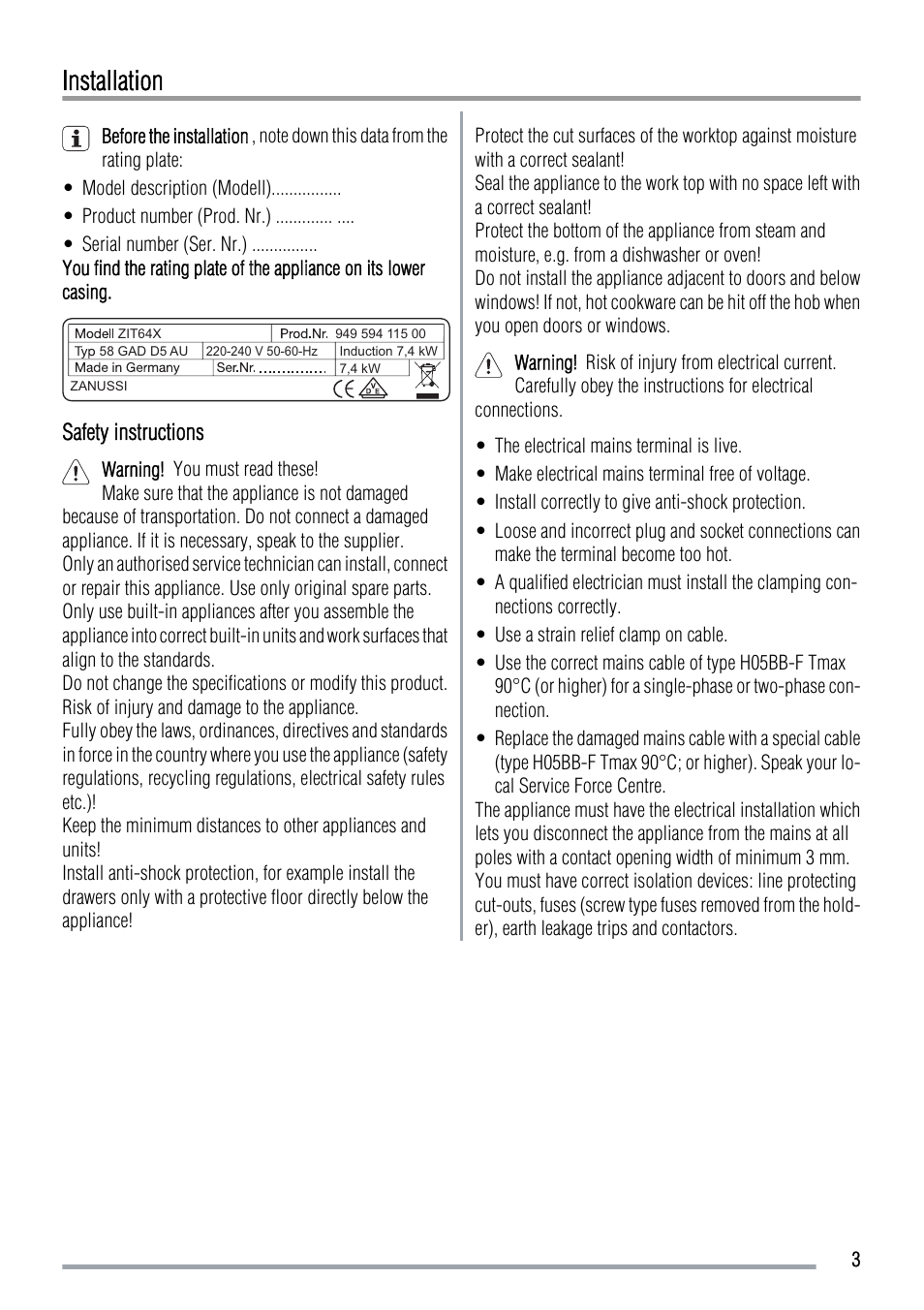 Installation | Zanussi ZIT64X User Manual | Page 3 / 12