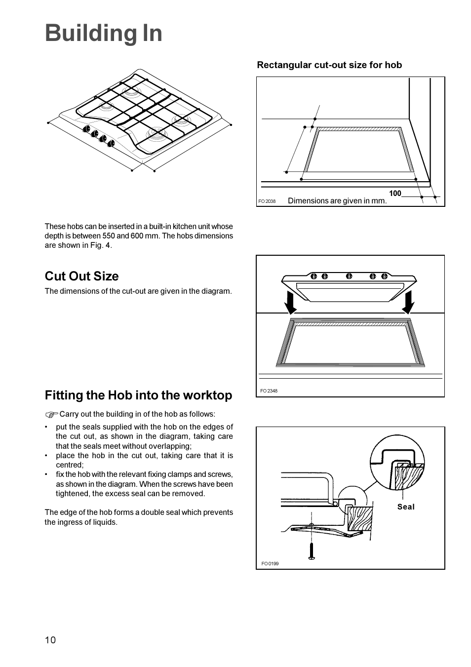 Building in, Cut out size, Fitting the hob into the worktop | Zanussi GAS HOB ZGF 681 User Manual | Page 10 / 12