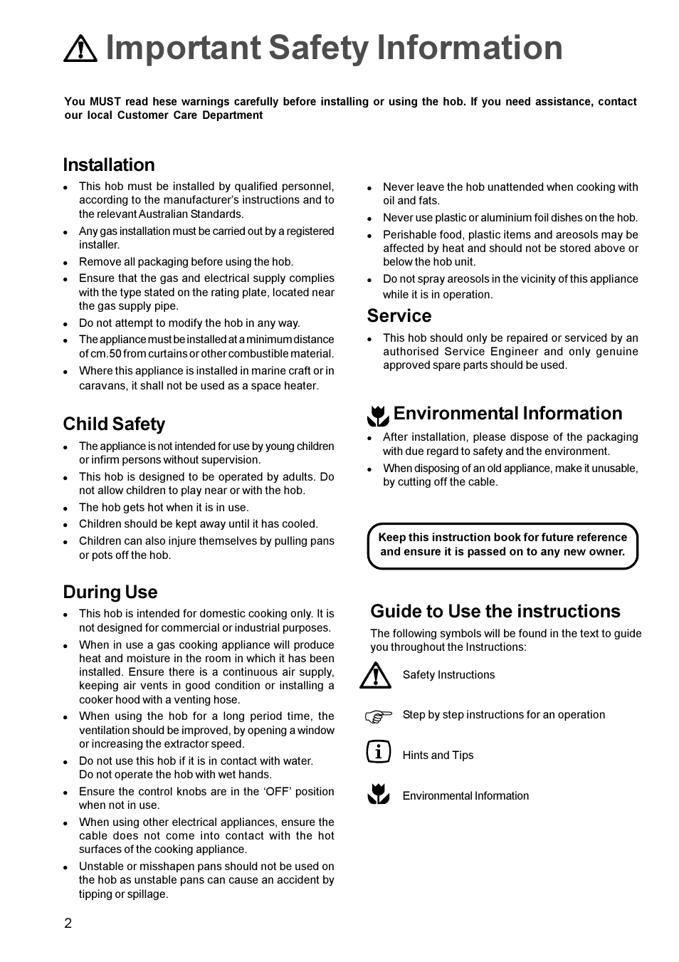 Important safety information, Installation, Child safety | During use, Service, Environmental information, Guide to use the instructions | Zanussi GAS HOB ZGF 681 User Manual | Page 2 / 12