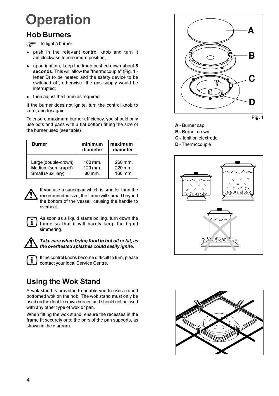 Operation, Hob burners, Using the wok stand | Zanussi GAS HOB ZGF 681 User Manual | Page 4 / 12