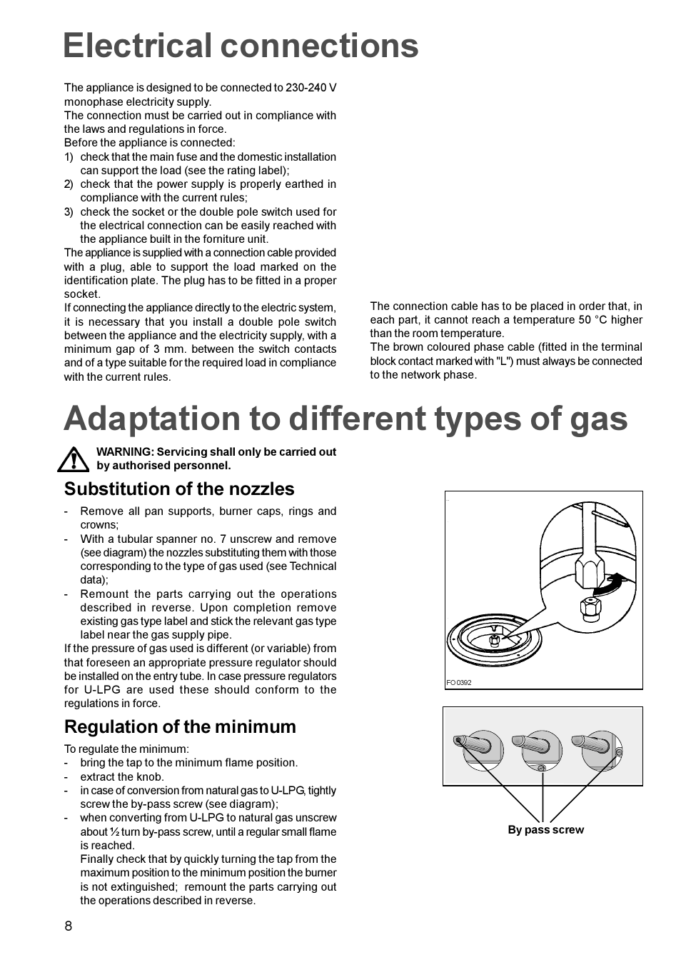 Electrical connections, Adaptation to different types of gas, Substitution of the nozzles | Regulation of the minimum | Zanussi GAS HOB ZGF 681 User Manual | Page 8 / 12