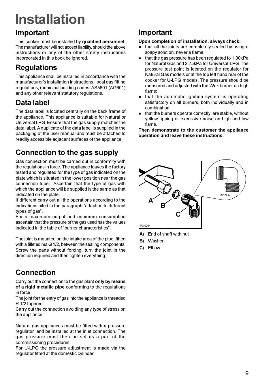 Installation, Important, Regulations | Data label, Connection to the gas supply, Connection | Zanussi GAS HOB ZGF 681 User Manual | Page 9 / 12