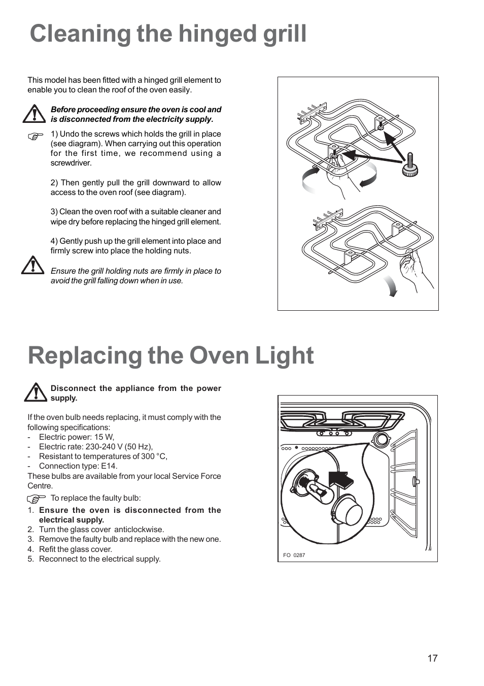 Replacing the oven light, Cleaning the hinged grill | Zanussi ZOB 660 User Manual | Page 17 / 24