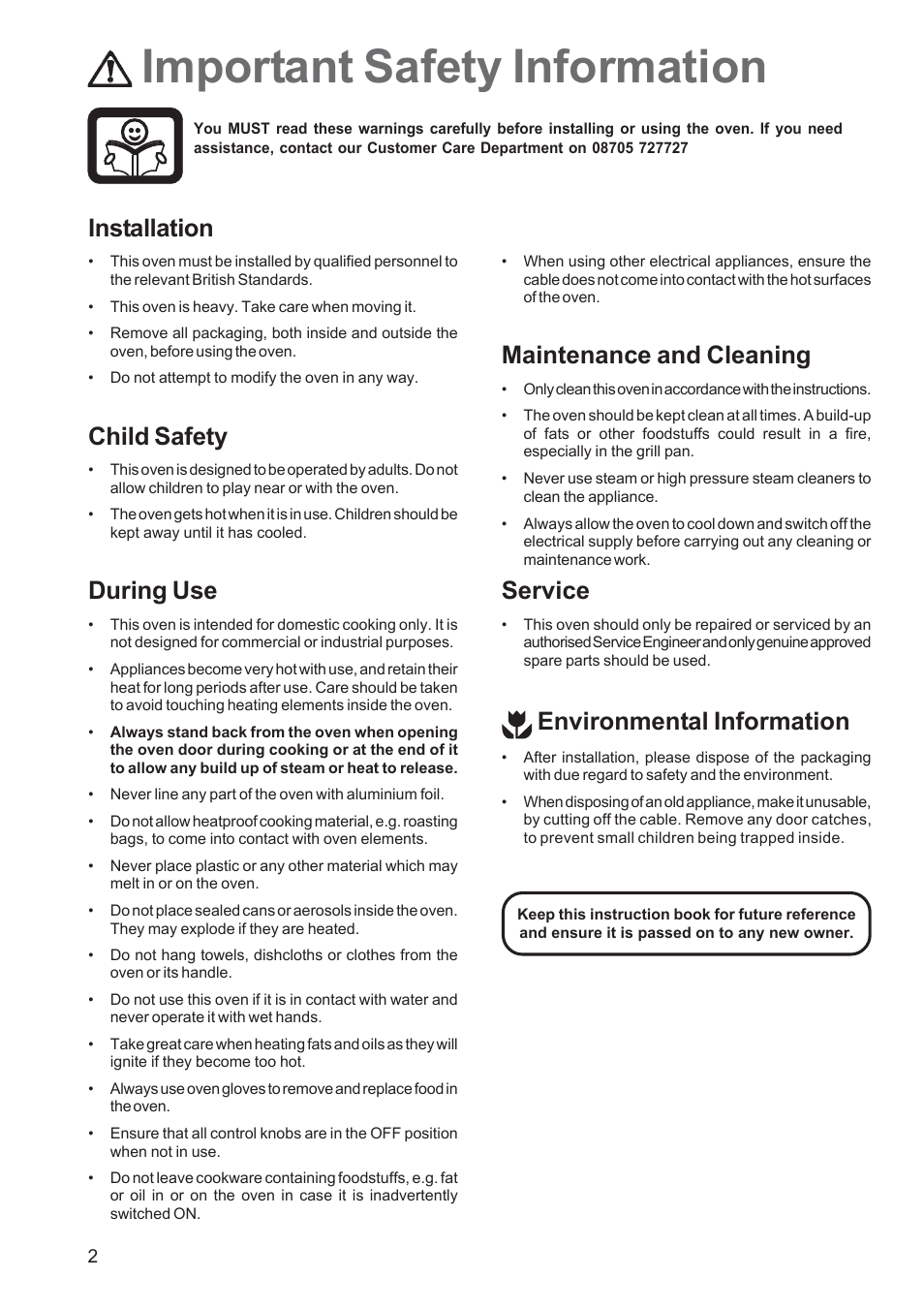 Important safety information, Installation, Child safety | During use, Maintenance and cleaning, Service, Environmental information | Zanussi ZOB 660 User Manual | Page 2 / 24
