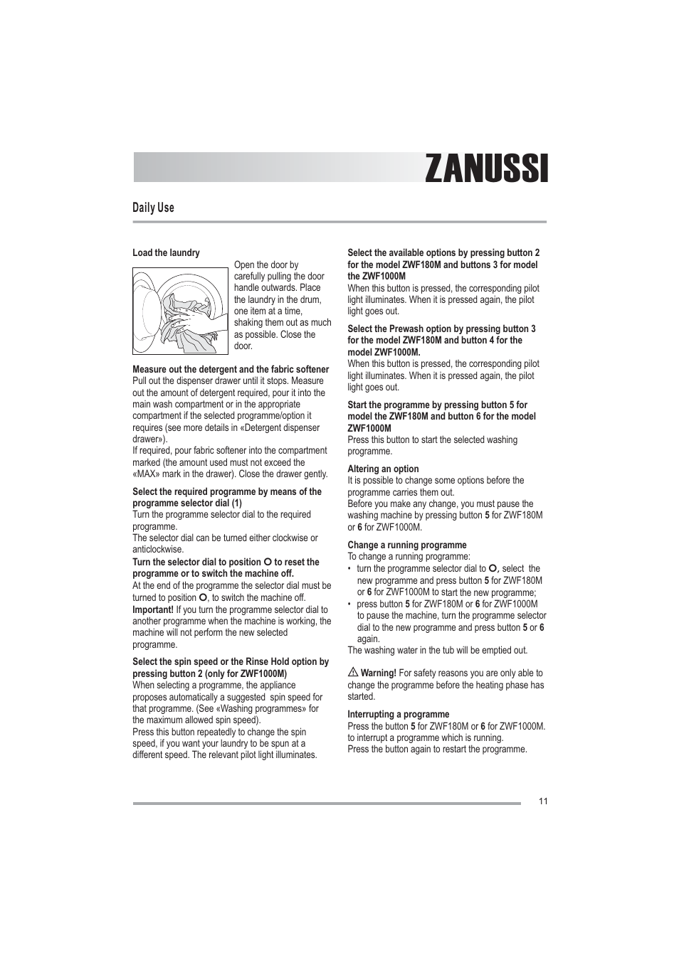 Zanussi, Daily use | Zanussi ZWF1000M User Manual | Page 11 / 24