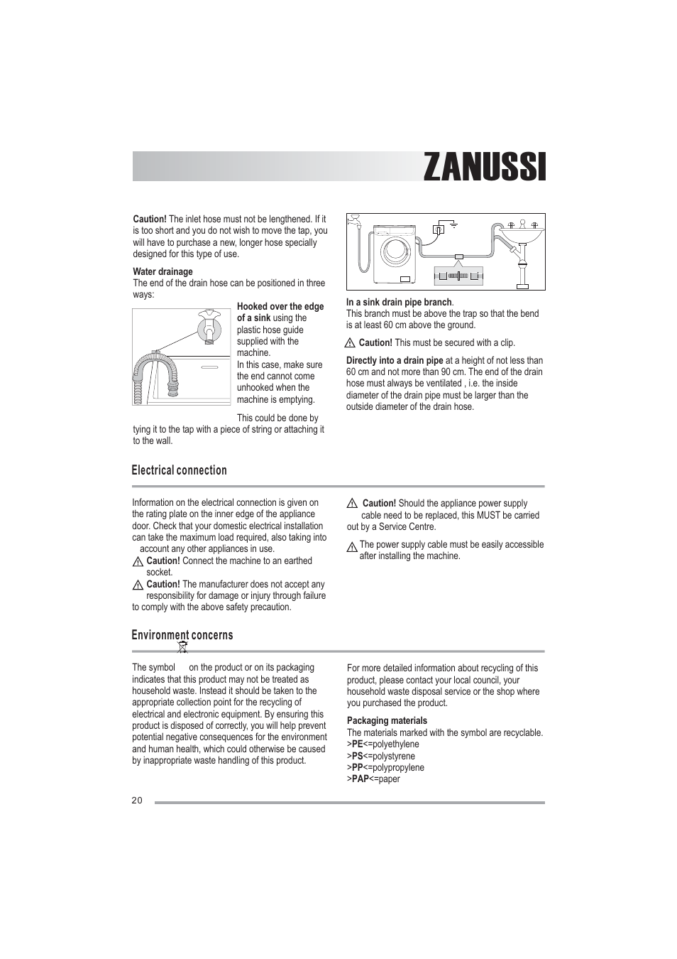 Zanussi, Electrical connection environment concerns | Zanussi ZWF1000M User Manual | Page 20 / 24