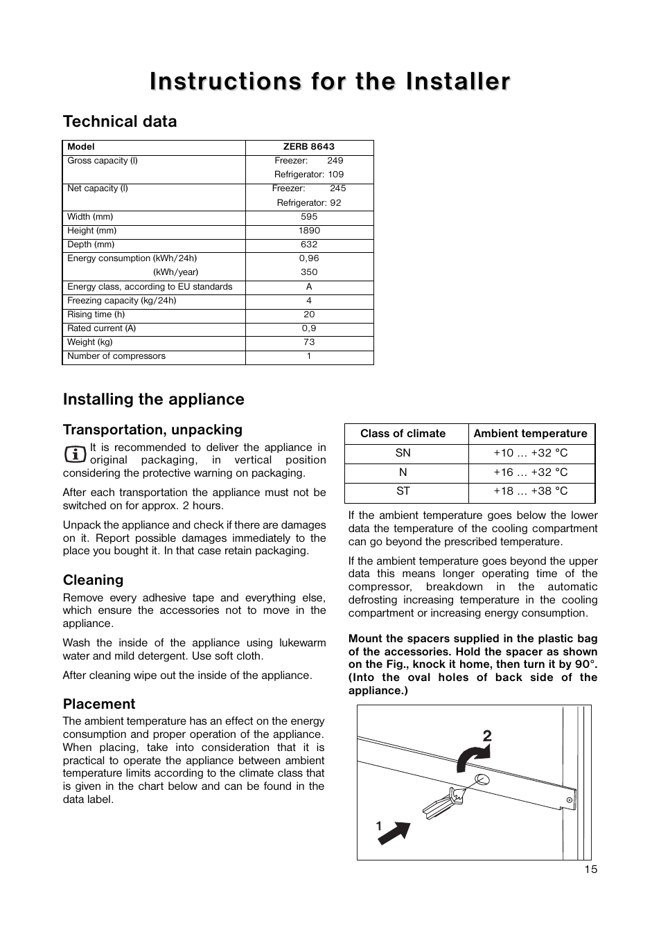 Technical data installing the appliance | Zanussi ZERB 8643 User Manual | Page 15 / 20
