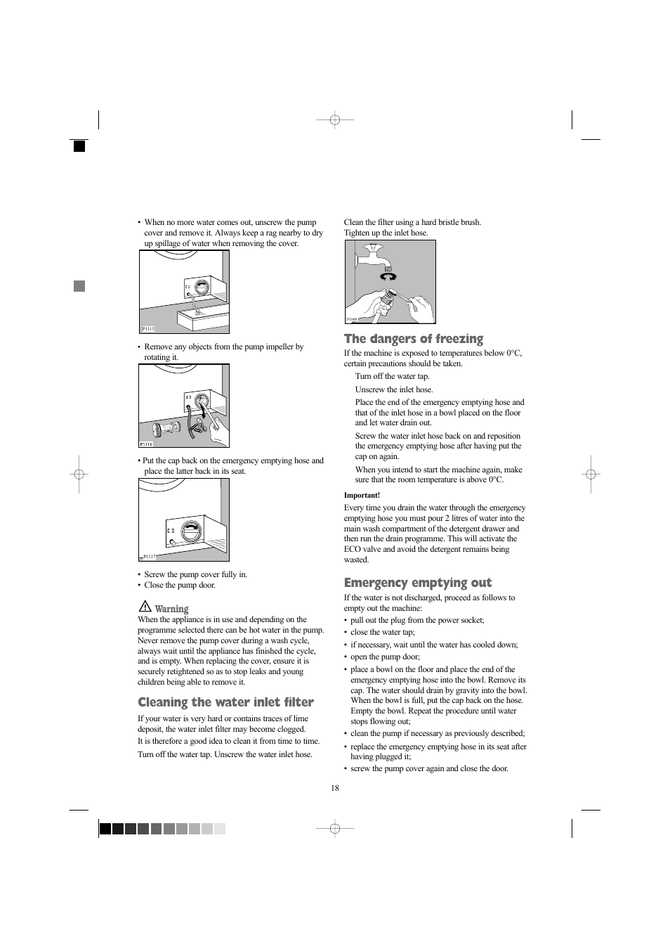 Cleaning the water inlet filter, The dangers of freezing, Emergency emptying out | Zanussi ZWF 1210W User Manual | Page 18 / 27