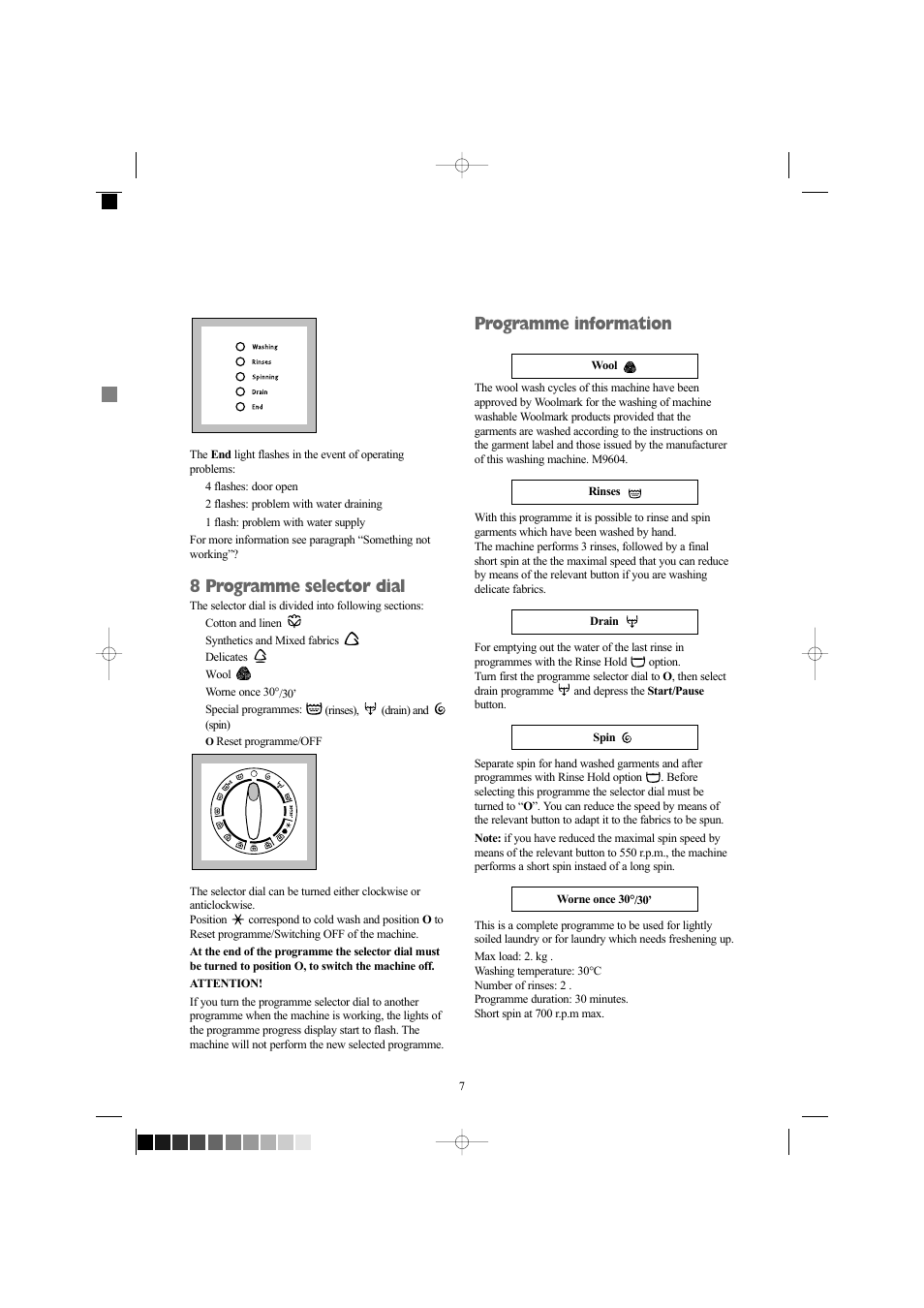 8 programme selector dial, Programme information | Zanussi ZWF 1210W User Manual | Page 7 / 27
