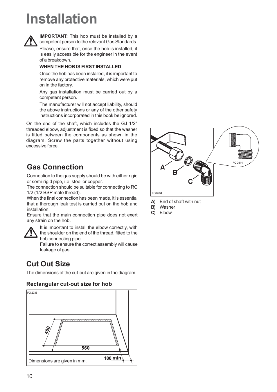 Installation, Gas connection, Cut out size | Zanussi ZGF 692 User Manual | Page 10 / 16