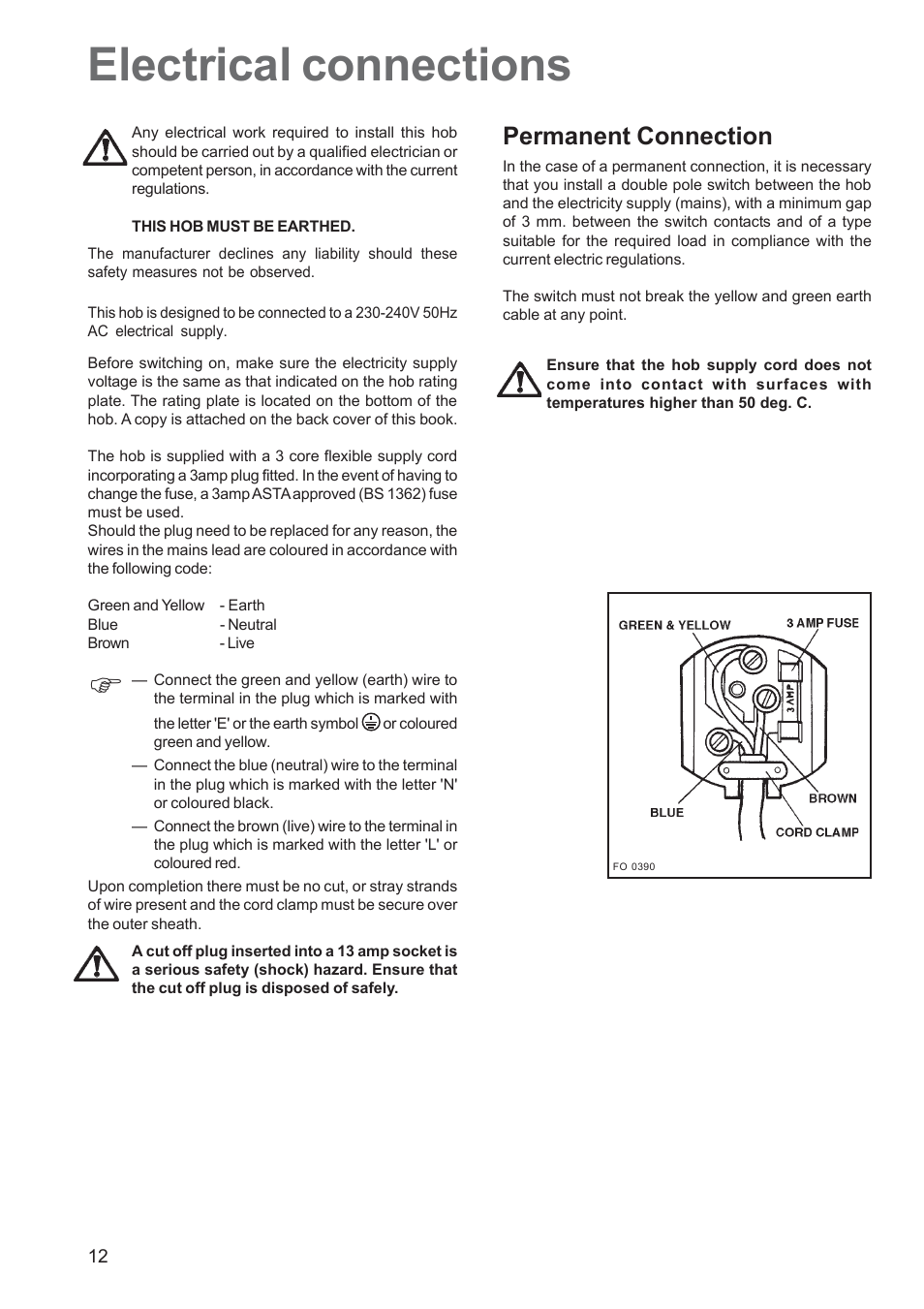 Electrical connections, Permanent connection | Zanussi ZGF 692 User Manual | Page 12 / 16