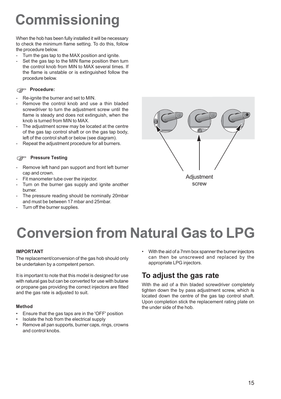 Conversion from natural gas to lpg, Commissioning | Zanussi ZGF 692 User Manual | Page 15 / 16
