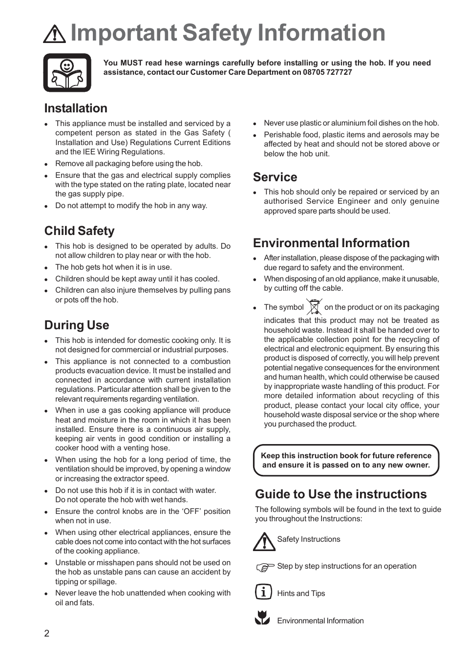 Important safety information, Guide to use the instructions, Installation | Child safety, During use, Service, Environmental information | Zanussi ZGF 692 User Manual | Page 2 / 16