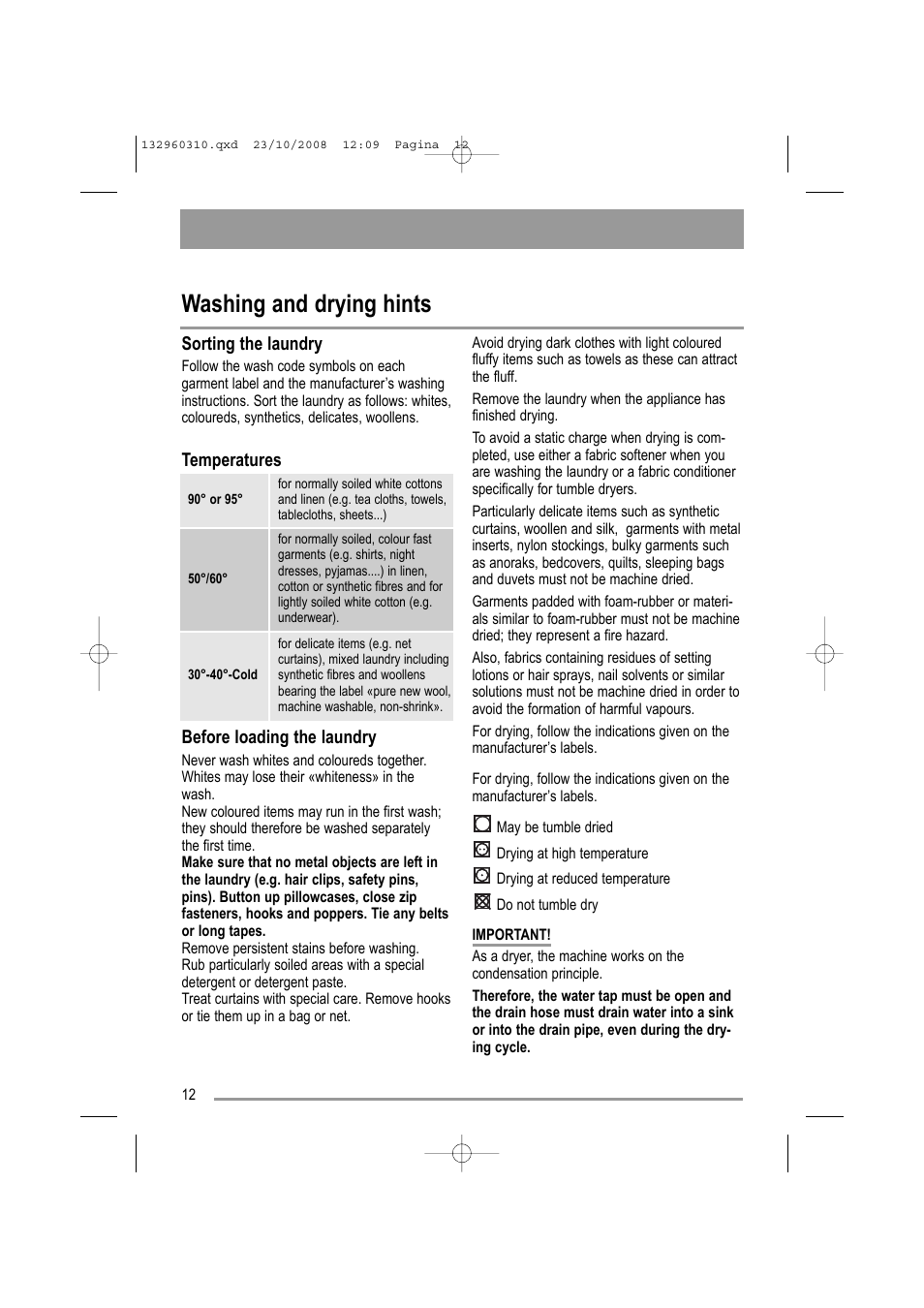 Washing and drying hints | Zanussi ZKH 2105 User Manual | Page 12 / 36