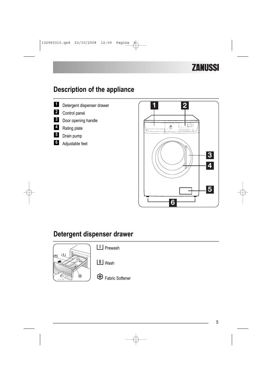 Description of the appliance, Detergent dispenser drawer | Zanussi ZKH 2105 User Manual | Page 5 / 36