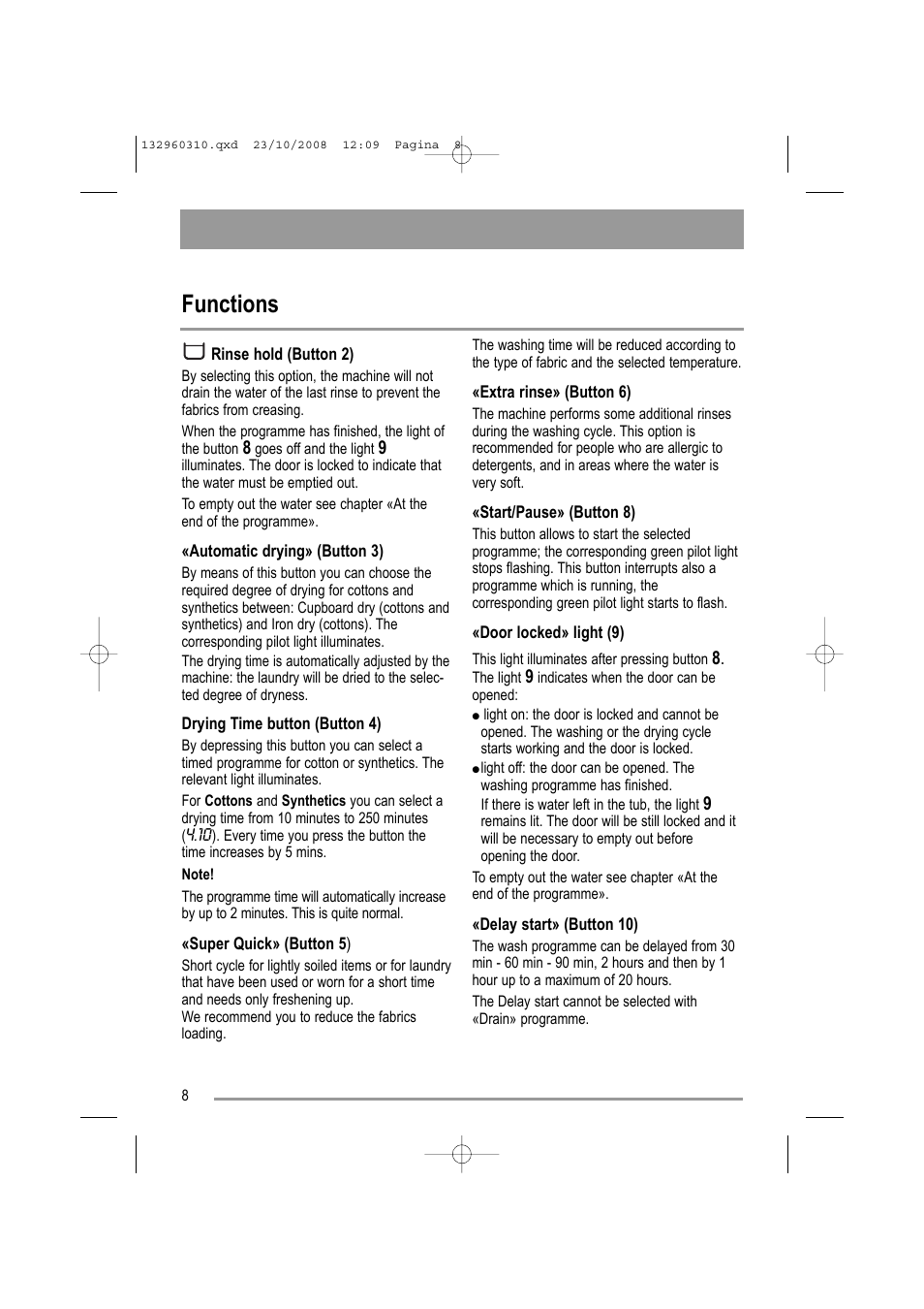 Functions | Zanussi ZKH 2105 User Manual | Page 8 / 36