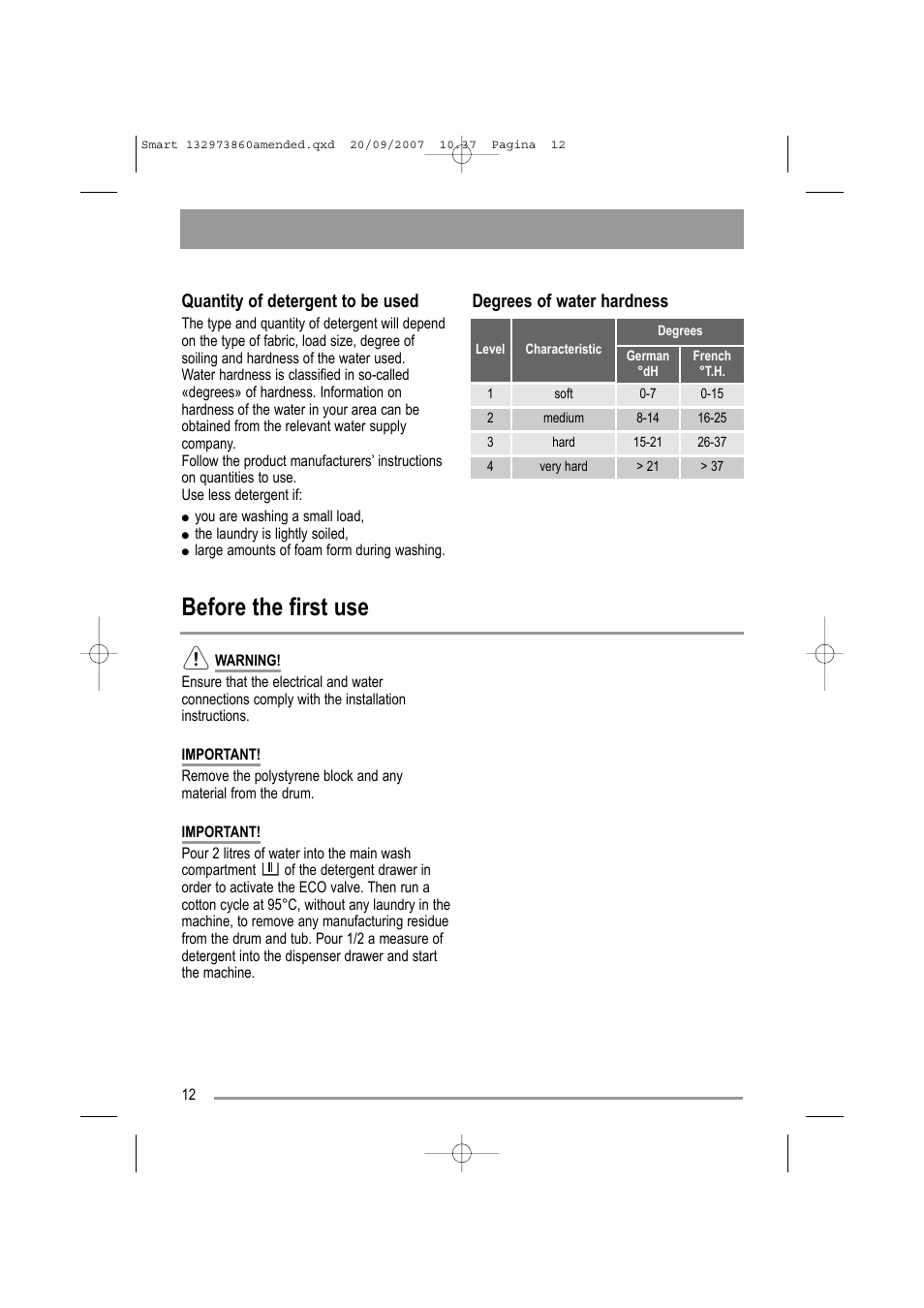 Before the first use, Quantity of detergent to be used, Degrees of water hardness | Zanussi ZWF 16070 W User Manual | Page 12 / 32