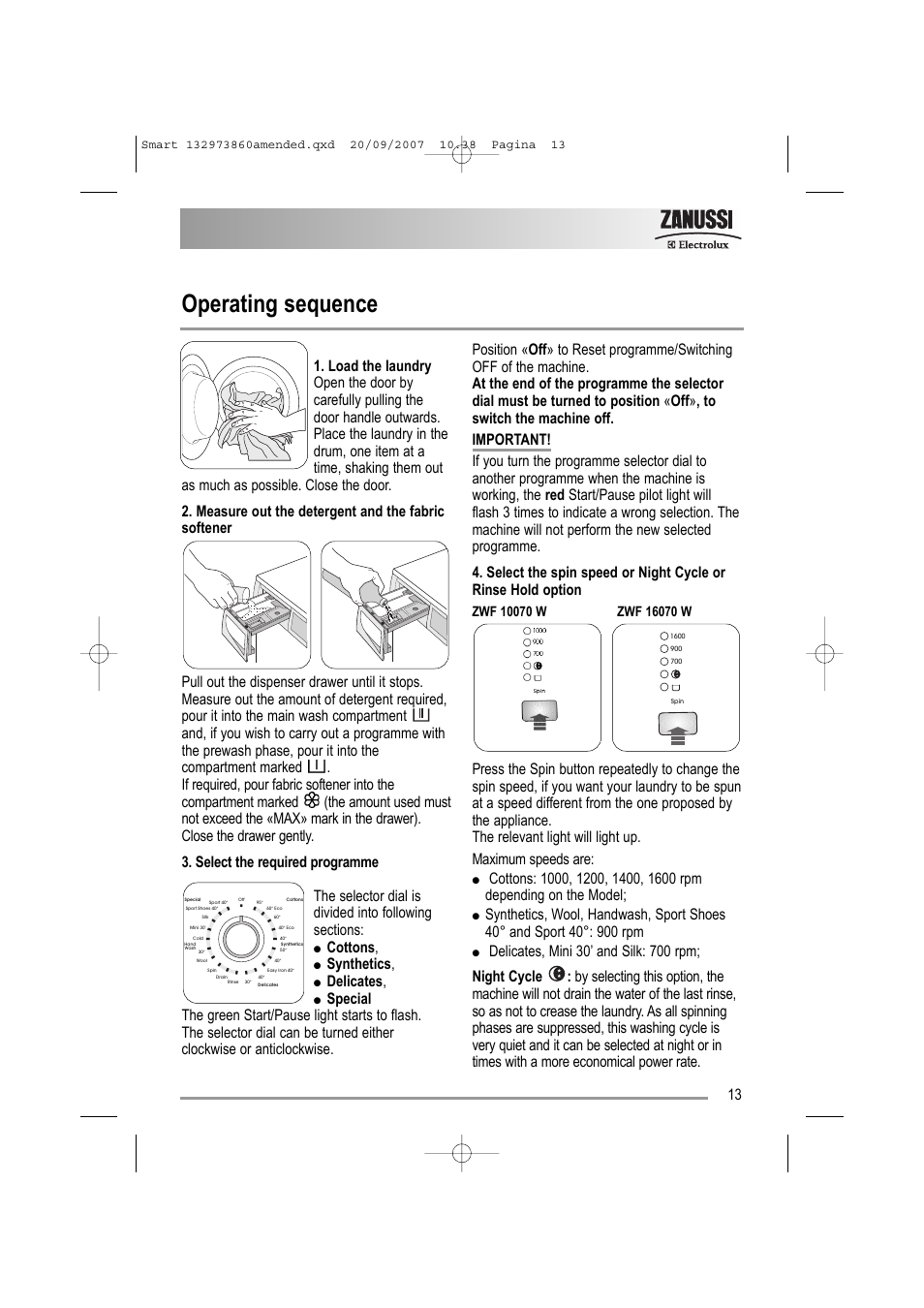 Operating sequence, Cottons, Synthetics | Delicates | Zanussi ZWF 16070 W User Manual | Page 13 / 32
