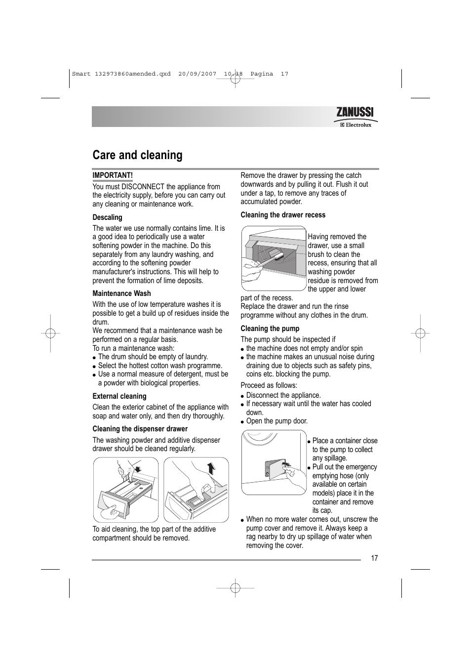 Care and cleaning | Zanussi ZWF 16070 W User Manual | Page 17 / 32