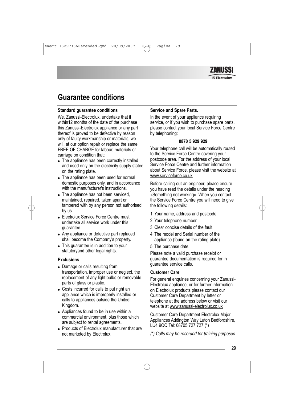 Guarantee conditions | Zanussi ZWF 16070 W User Manual | Page 29 / 32