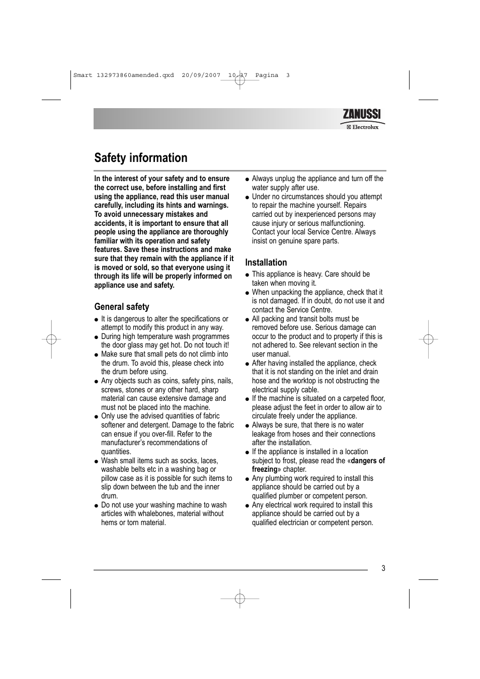 Safety information, General safety, Installation | Zanussi ZWF 16070 W User Manual | Page 3 / 32