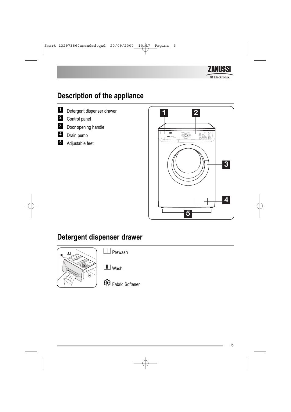 Description of the appliance, Detergent dispenser drawer | Zanussi ZWF 16070 W User Manual | Page 5 / 32