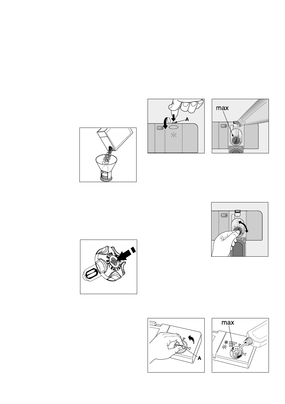 Filling with salt, Rinse aid, Filling with rinse aid | Adjusting the dose, Rinse aid dispenser type a), Rinse aid dispenser type b) | Zanussi DA 6153 User Manual | Page 16 / 24