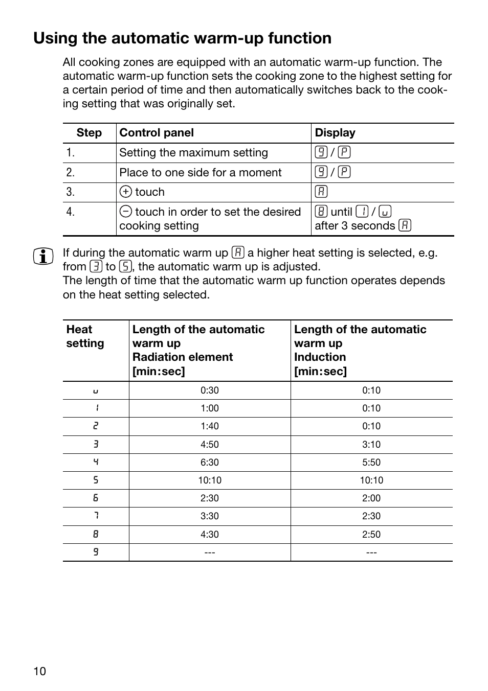 Using the automatic warm-up function | Zanussi ZKT631DX User Manual | Page 10 / 36