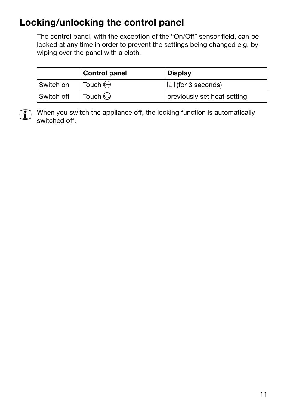 Locking/unlocking the control panel | Zanussi ZKT631DX User Manual | Page 11 / 36