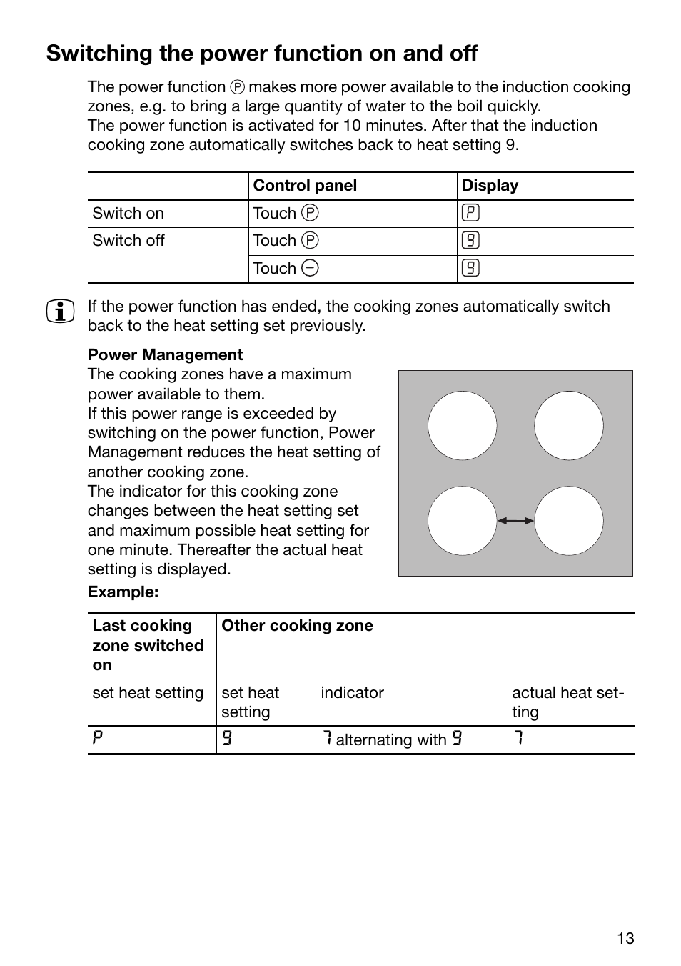 Switching the power function on and off | Zanussi ZKT631DX User Manual | Page 13 / 36