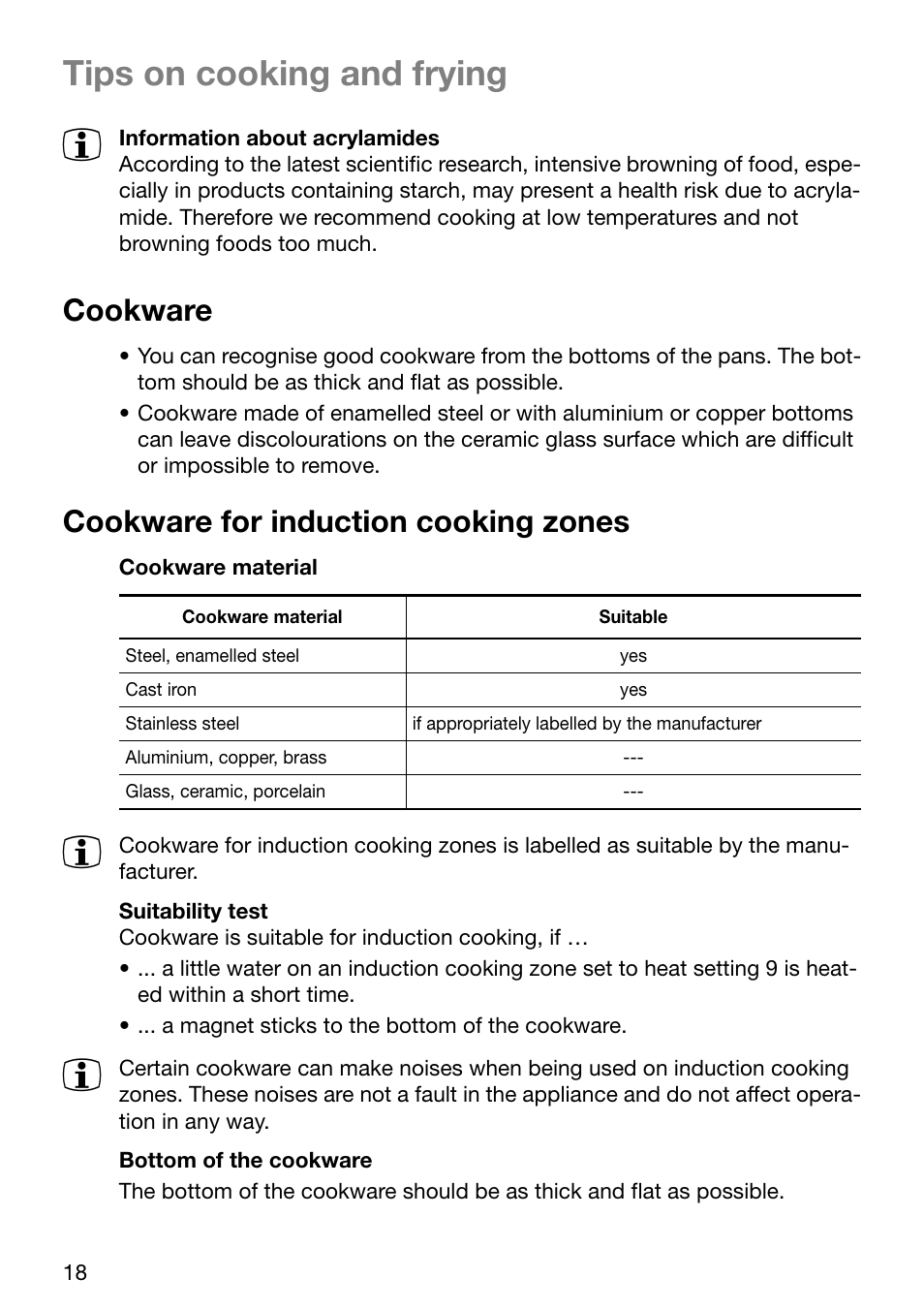Tips on cooking and frying, Cookware, Cookware for induction cooking zones | Zanussi ZKT631DX User Manual | Page 18 / 36