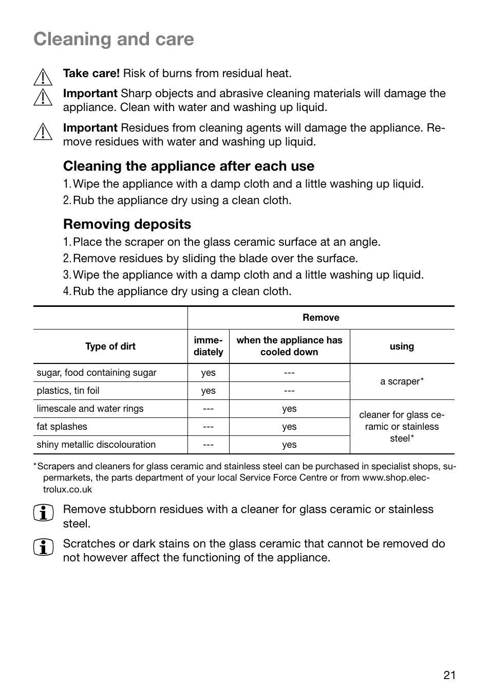 Cleaning and care, Cleaning the appliance after each use, Removing deposits | Zanussi ZKT631DX User Manual | Page 21 / 36