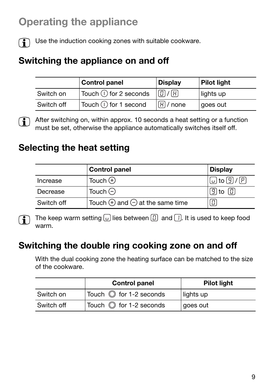 Operating the appliance, Switching the appliance on and off, Selecting the heat setting | Switching the double ring cooking zone on and off | Zanussi ZKT631DX User Manual | Page 9 / 36