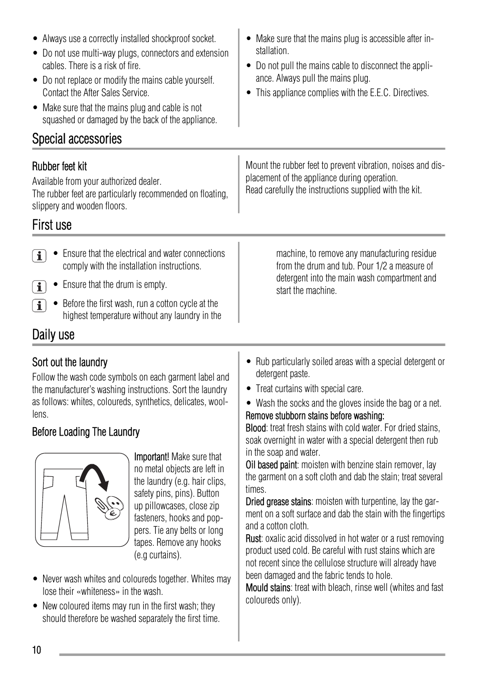 Special accessories, First use, Daily use | Zanussi ZWH 6160 P User Manual | Page 10 / 28