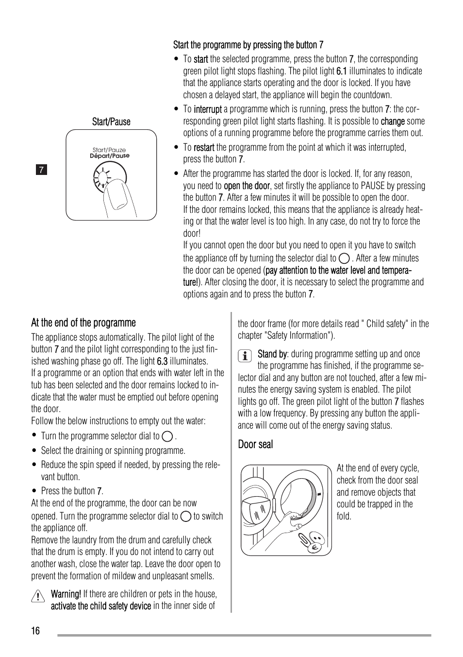 At the end of the programme, Door seal | Zanussi ZWH 6160 P User Manual | Page 16 / 28