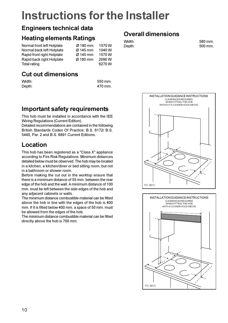 Instructions for the installer, Location, Heating elements ratings | Cut out dimensions, Overall dimensions | Zanussi ZEL 63 User Manual | Page 10 / 16