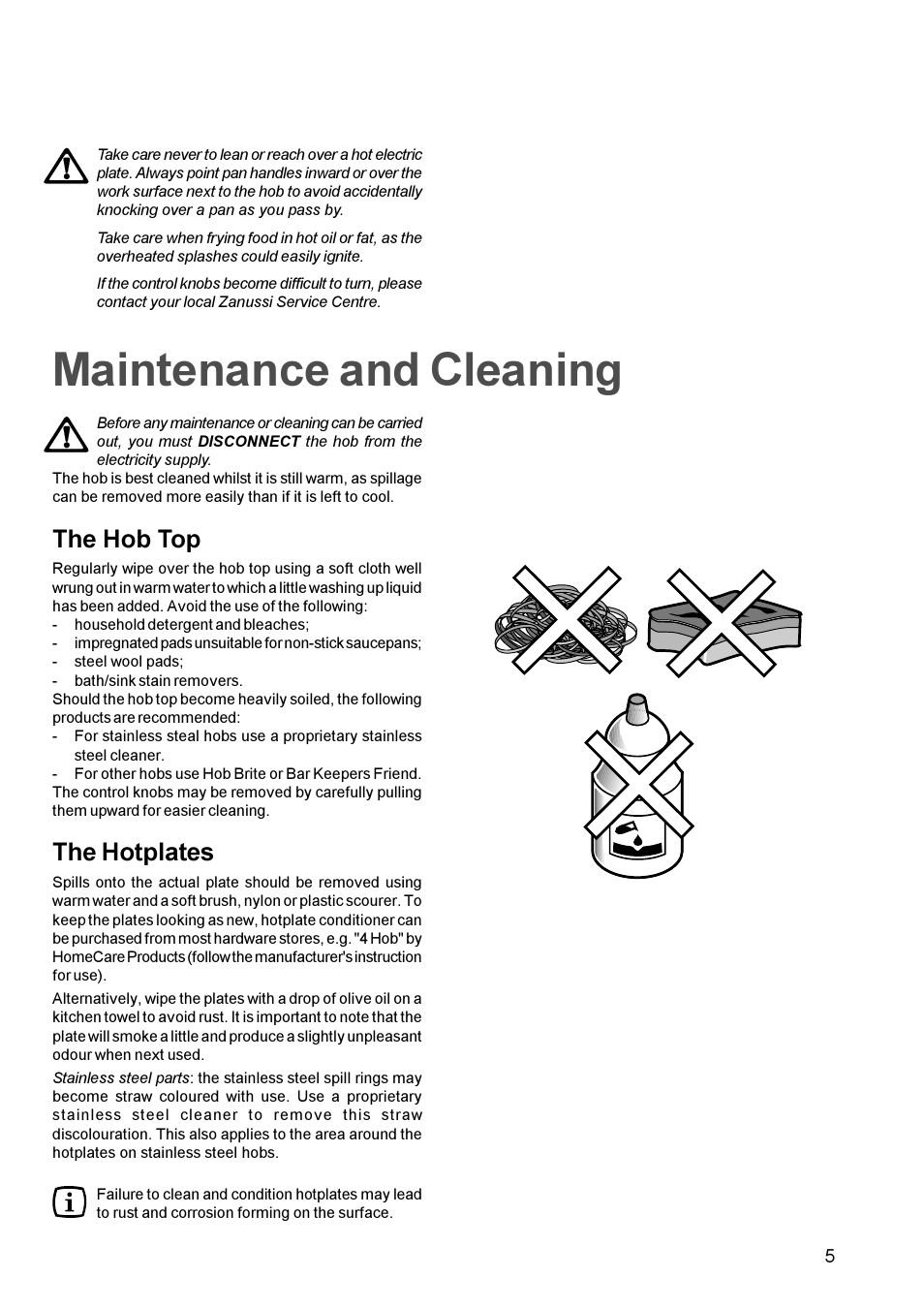 Maintenance and cleaning, The hob top, The hotplates | Zanussi ZEL 63 User Manual | Page 5 / 16