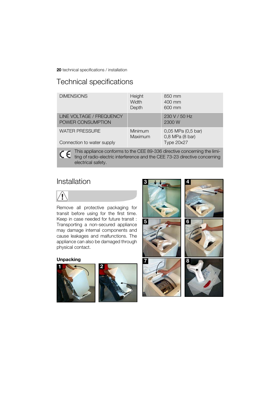 Technical specifications installation | Zanussi ELECTROLUX ZWT 8120 User Manual | Page 20 / 24