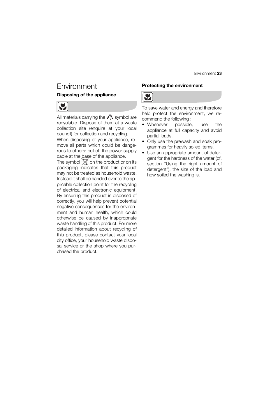 Environment | Zanussi ELECTROLUX ZWT 8120 User Manual | Page 23 / 24