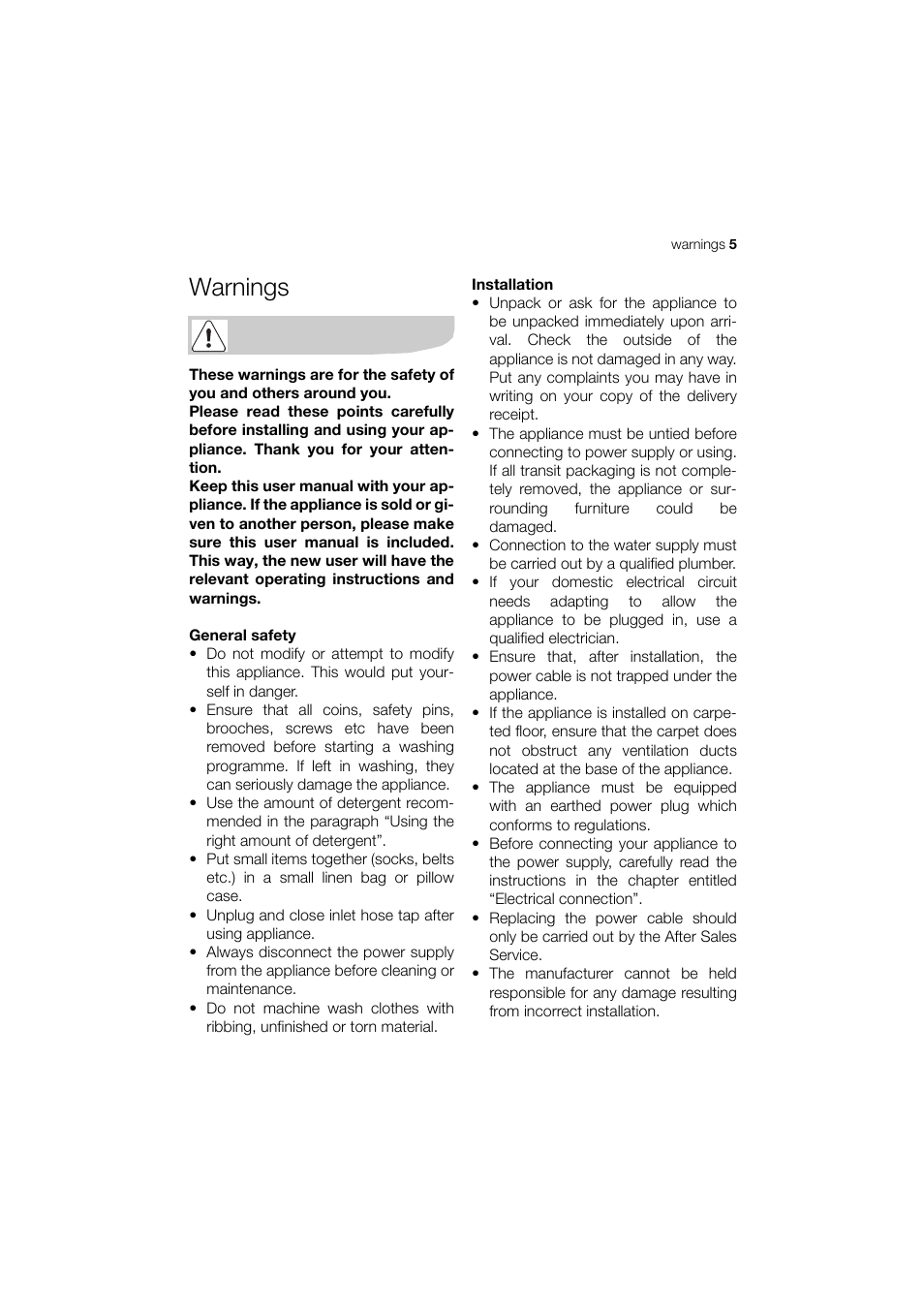 Warnings | Zanussi ELECTROLUX ZWT 8120 User Manual | Page 5 / 24