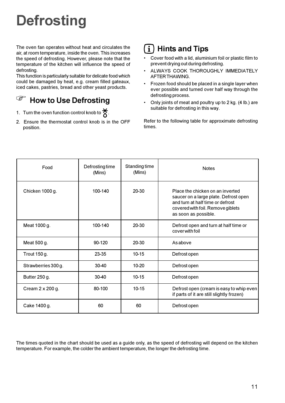 Defrosting, How to use defrosting, Hints and tips | Zanussi ZBF 865 User Manual | Page 11 / 24