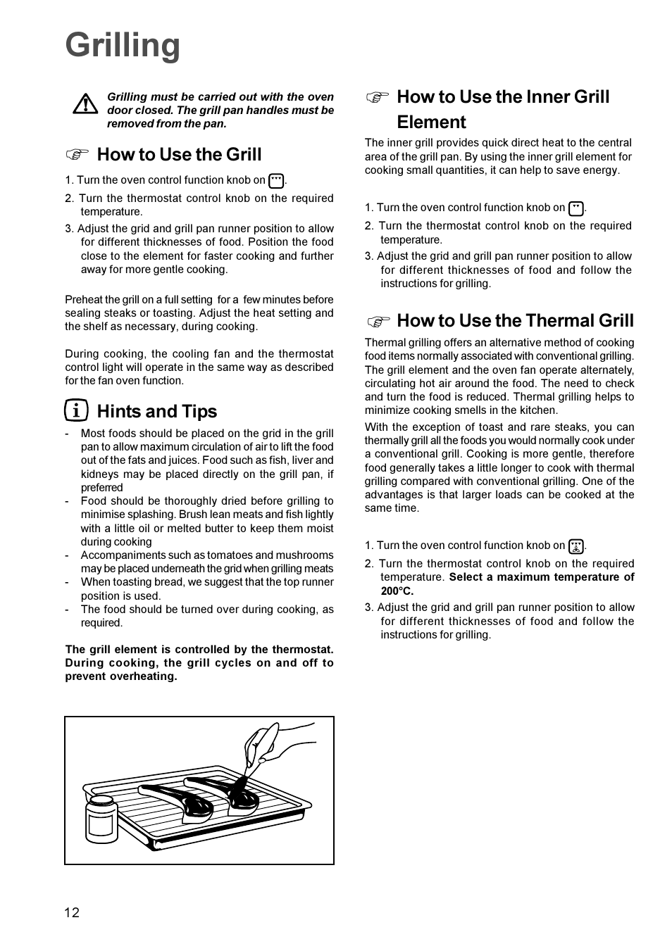 Grilling, How to use the inner grill element, How to use the thermal grill | How to use the grill, Hints and tips | Zanussi ZBF 865 User Manual | Page 12 / 24