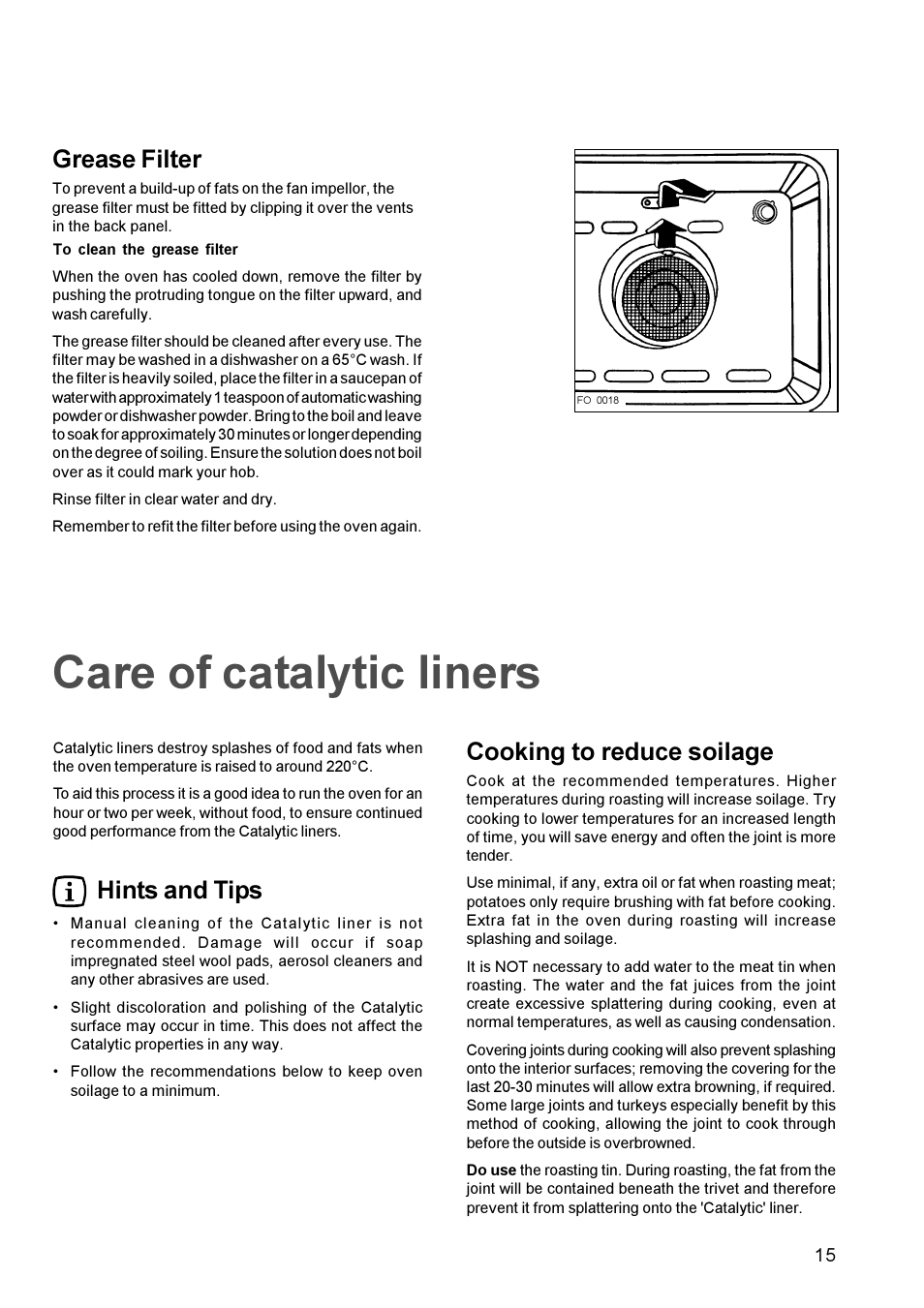 Care of catalytic liners, Hints and tips, Cooking to reduce soilage | Grease filter | Zanussi ZBF 865 User Manual | Page 15 / 24