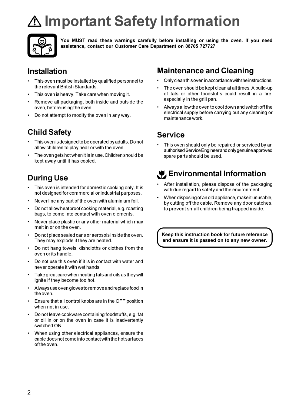 Important safety information, Installation, Child safety | During use, Maintenance and cleaning, Service, Environmental information | Zanussi ZBF 865 User Manual | Page 2 / 24