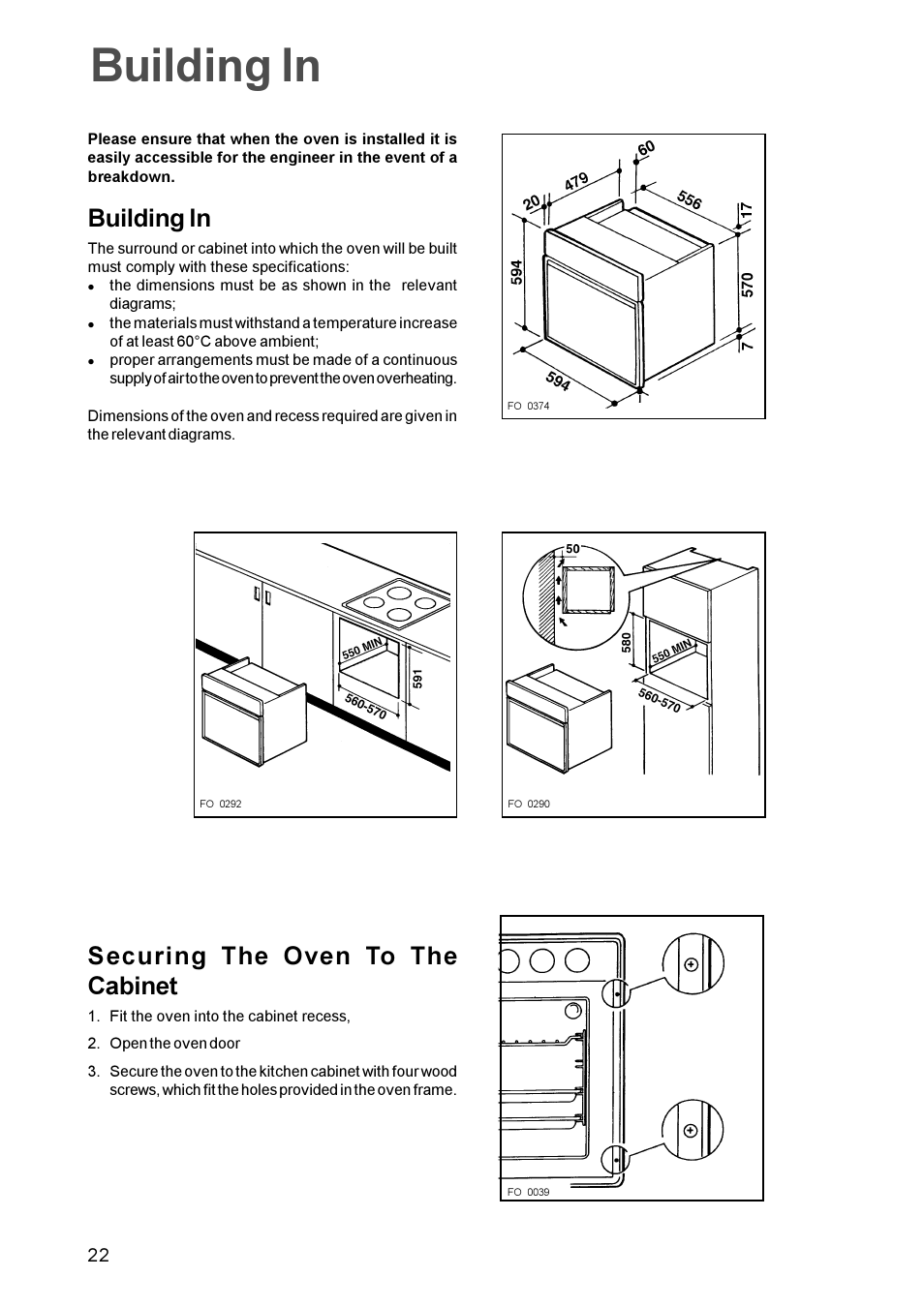 Building in, Securing the oven to the cabinet | Zanussi ZBF 865 User Manual | Page 22 / 24