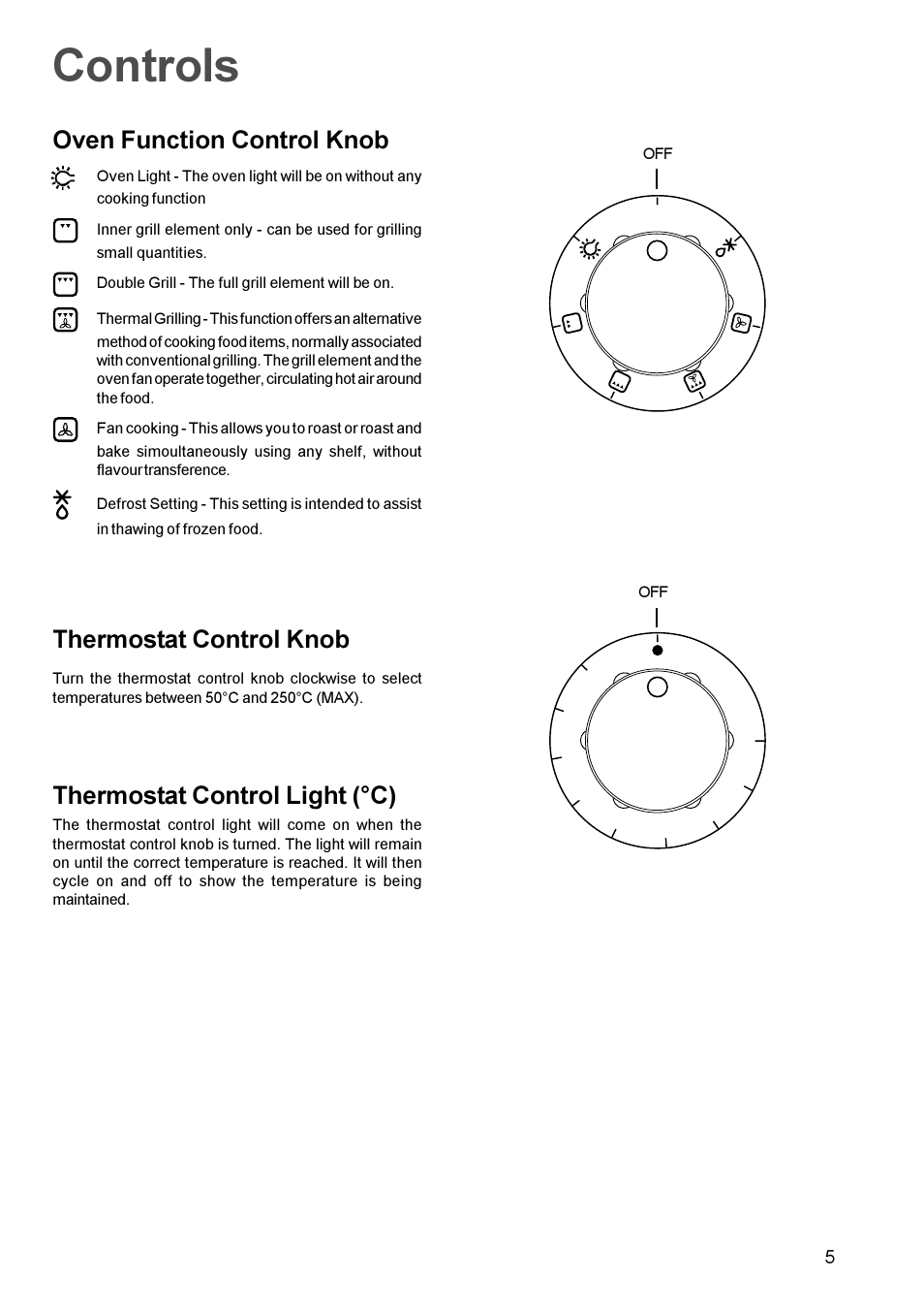 Controls, Oven function control knob, Thermostat control knob | Thermostat control light (°c) | Zanussi ZBF 865 User Manual | Page 5 / 24